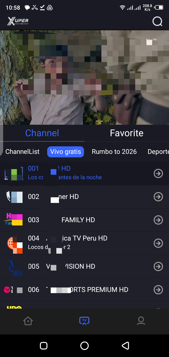 Pantalla principal real de Xuper Hydra con canales y categorías