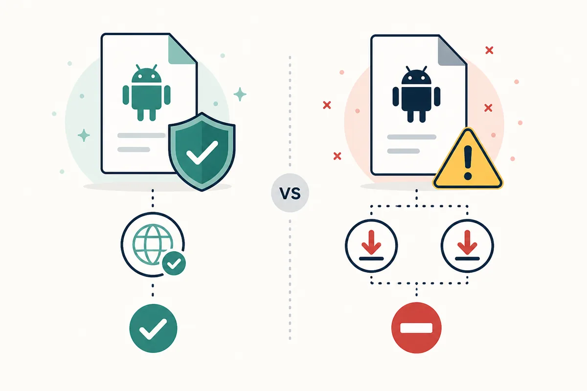 Redaktioneller Vergleich zwischen einer prüfbaren APK-Quelle und einem verdächtigen Spiegelserver