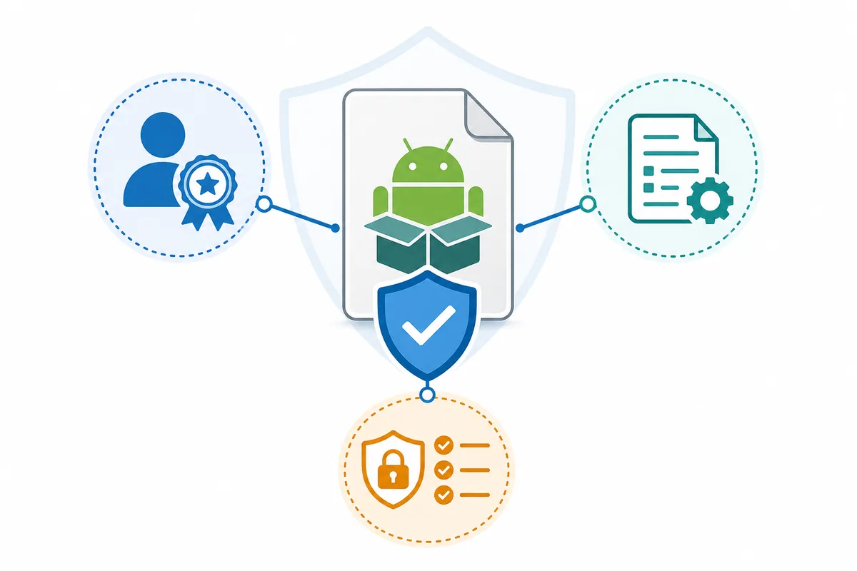 開発元、メタデータ、権限を確認する Android パッケージの編集用イラスト