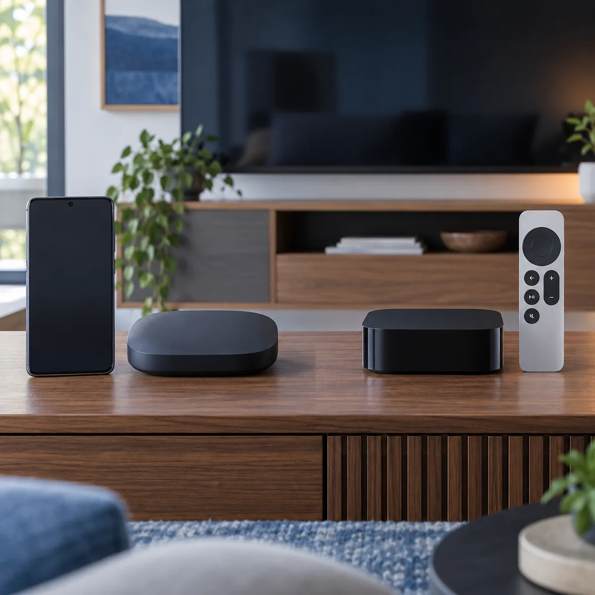 Apple TV and Android devices placed together for a compatibility comparison