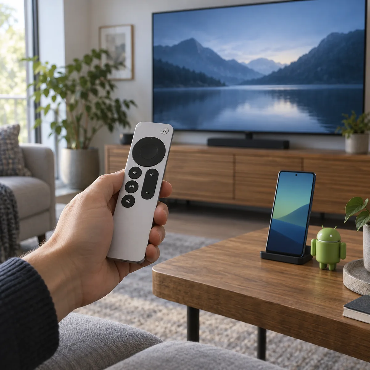 Apple TV remote beside an Android phone to explain the platform decision