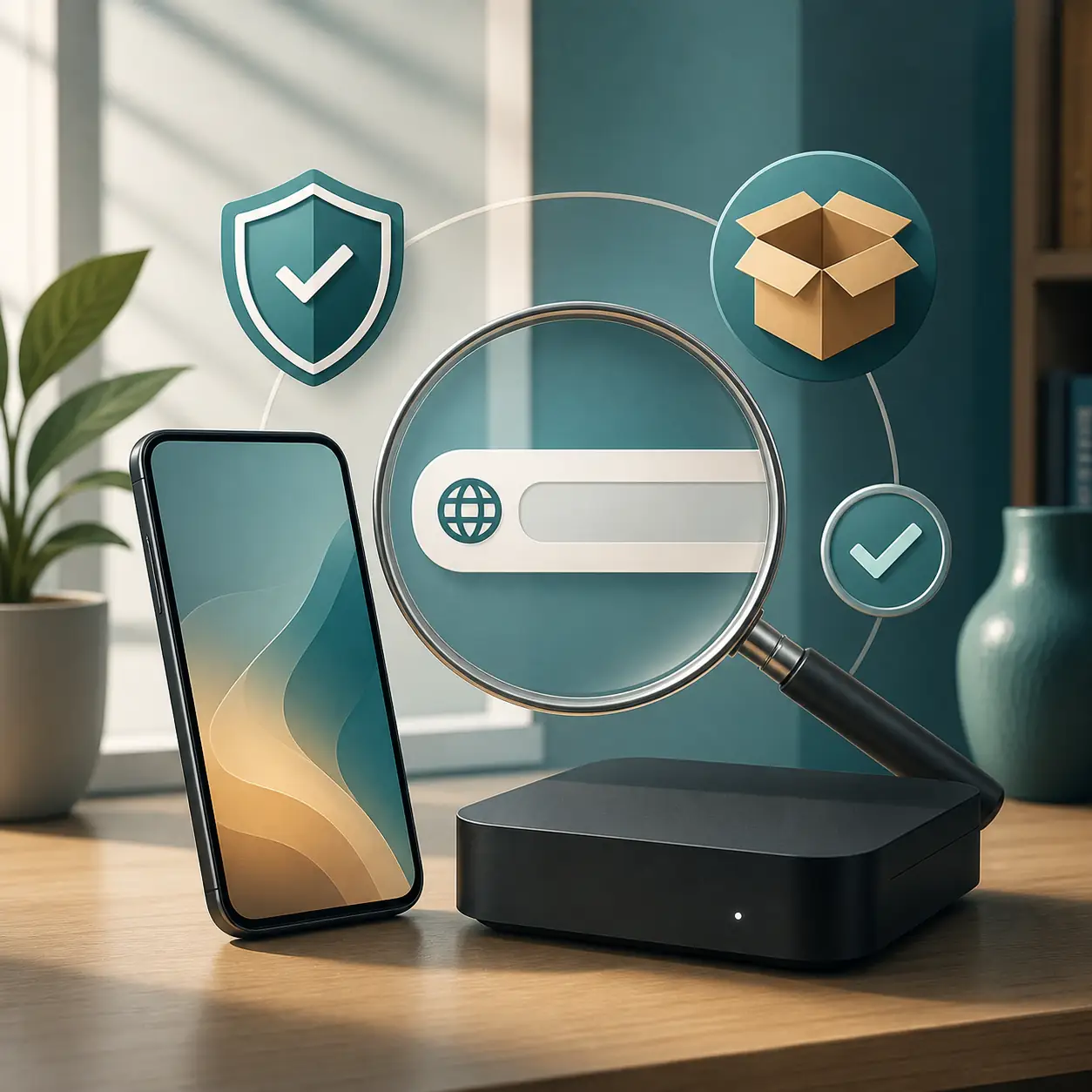 Magnifier over a URL, TV box and verification shield