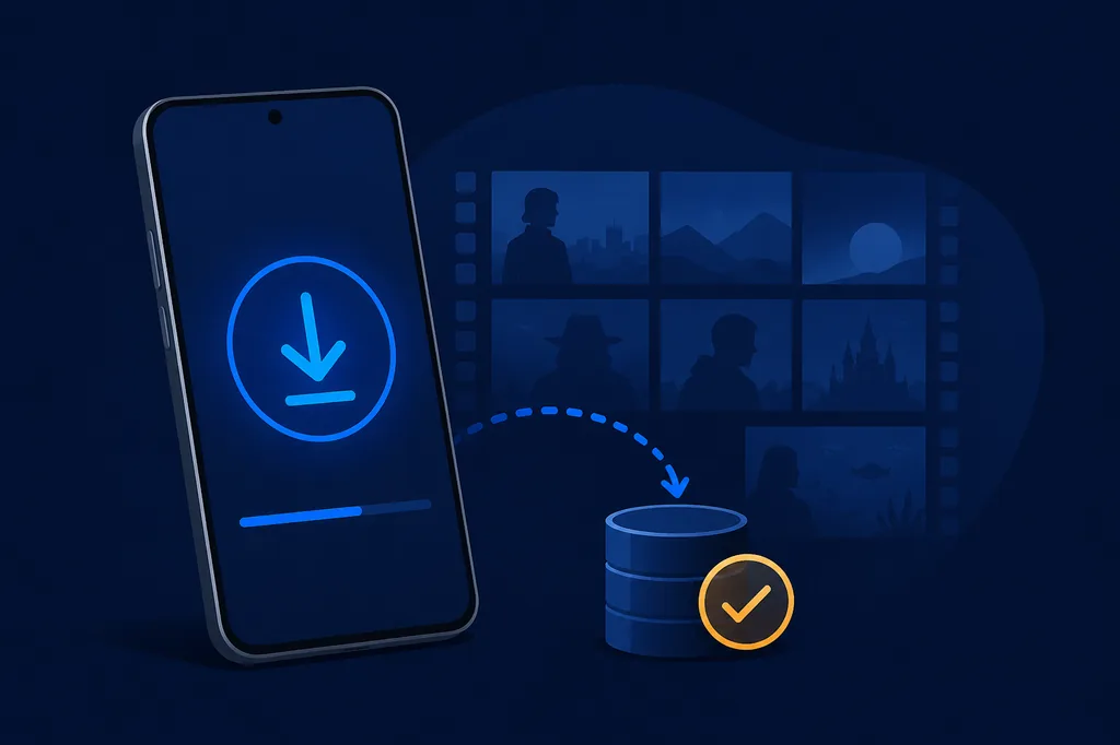 Editorial illustration of a phone downloading content with a storage check