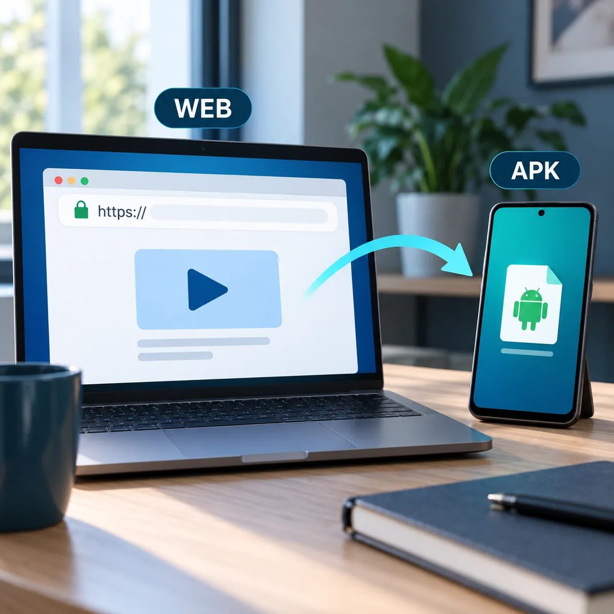 Konzeptioneller Vergleich von Browserzugang am Laptop und Android-APK