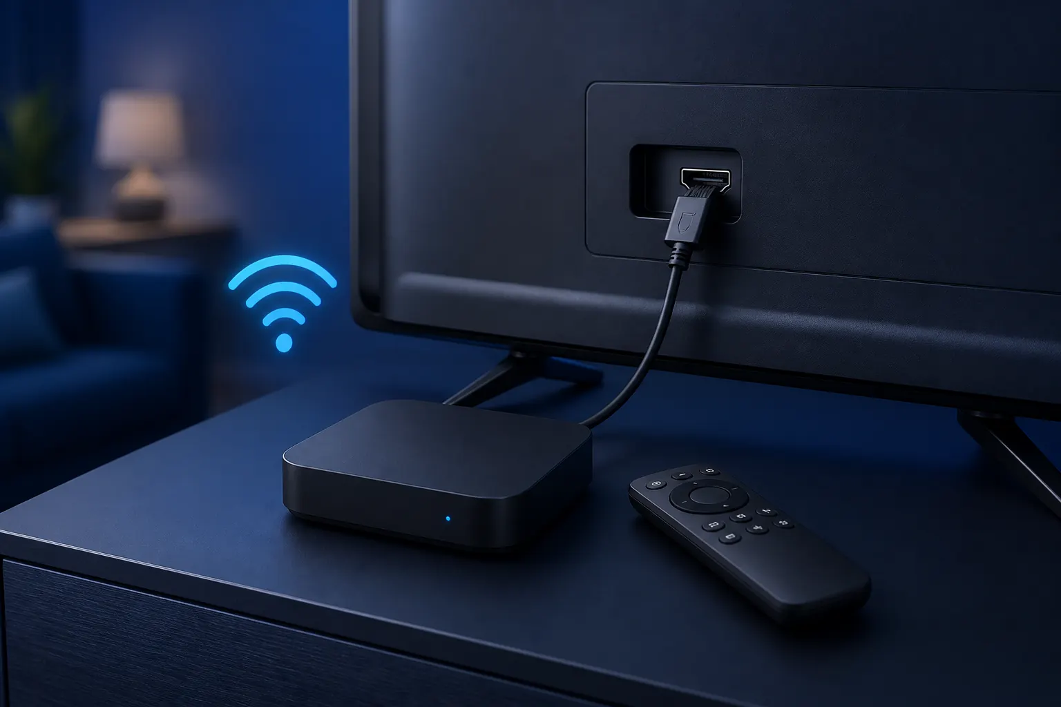 HDMI로 TV에 연결된 Android TV Box 개념 일러스트