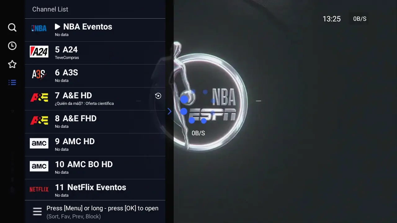 Xupertv APK sports menu on TV - ESPN channels and live sports